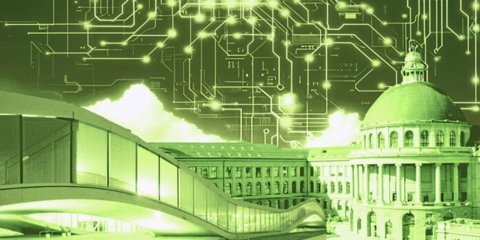 Die ETH Zürich und die EPFL bündeln ihre Kompetenzen, um die künstliche Intelligenz in der Schweiz voranzutreiben. Die KI-unterstützte Fotomontage zeigt das «Rolex Learning Center» der EPFL und das Hauptgebäude der ETH Zürich. (Bild: ETH Zürich)